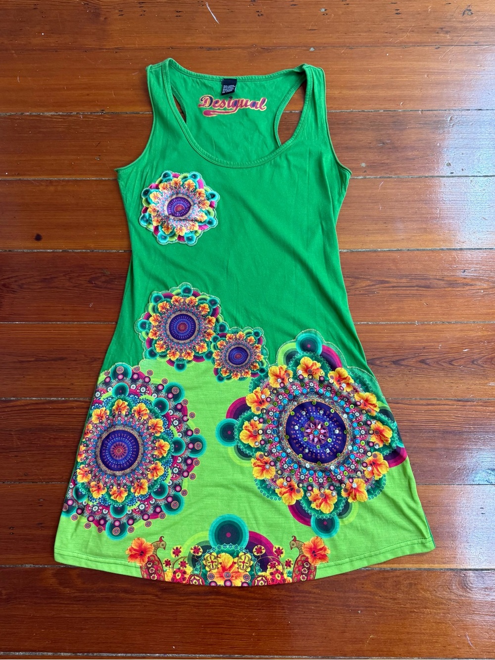 VNTG Desigual Y2K Green Embroidered Sequined Mandala Tank Dress Sz S 💛🍄